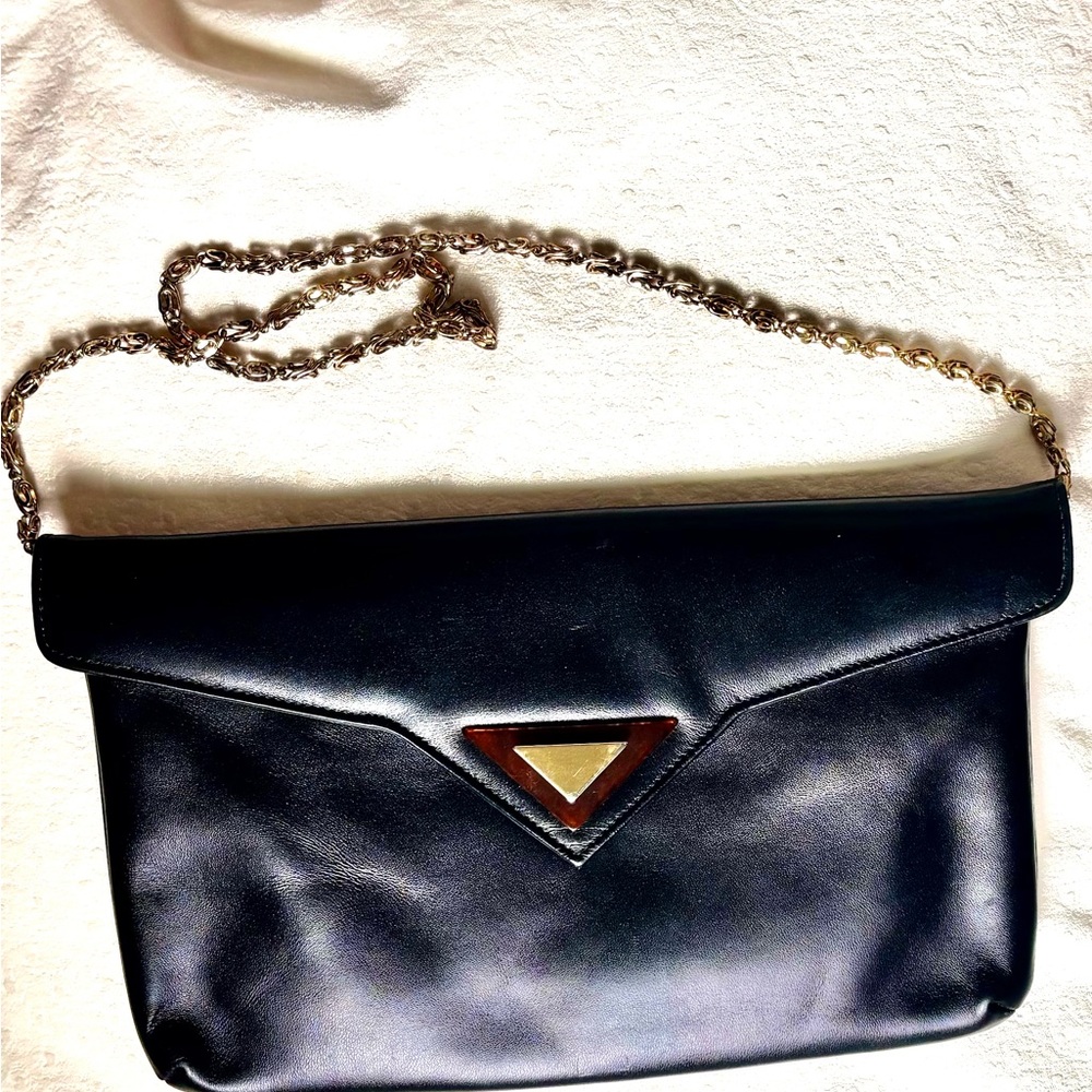 Black Vintage Retro Purse By Caprice Leather Clutch Optional Gold Chain
